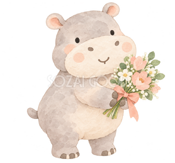花束で健闘をたたえるカバ｜やさしい水彩の無料イラスト素材 112731