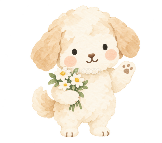 花束で迎える犬