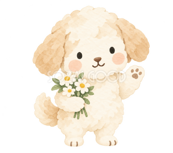 花束で迎える犬｜やさしい水彩の無料イラスト素材 112735