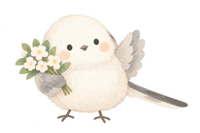 花束を抱えて手を振るシマエナガ 花束を抱えて手を振るシマエナガ
