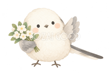 花束を抱えて手を振るシマエナガ｜やさしい水彩の無料イラスト素材 112751