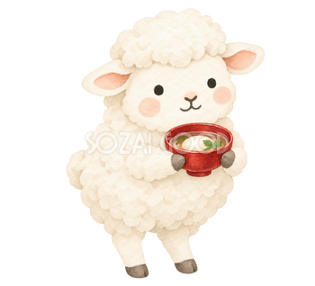 雑煮を持つ羊｜年賀状に添える無料イラスト素材 112910