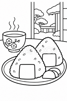 おにぎりとお茶の塗り絵｜冬の無料イラスト素材 112995
