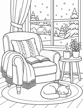 窓辺の読書の塗り絵｜冬の無料イラスト素材 113007