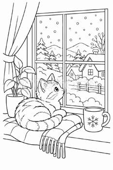 雪を見るねこの塗り絵｜冬の無料イラスト素材 113016