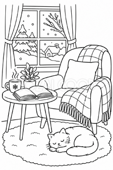 毛布と読書の塗り絵｜冬の無料イラスト素材 113017