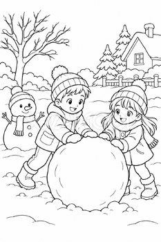 雪だるま作りの塗り絵｜冬の無料イラスト素材 113027