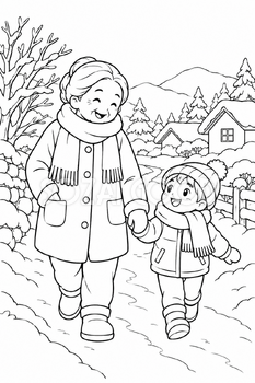 雪の散歩の塗り絵｜冬の無料イラスト素材 113029
