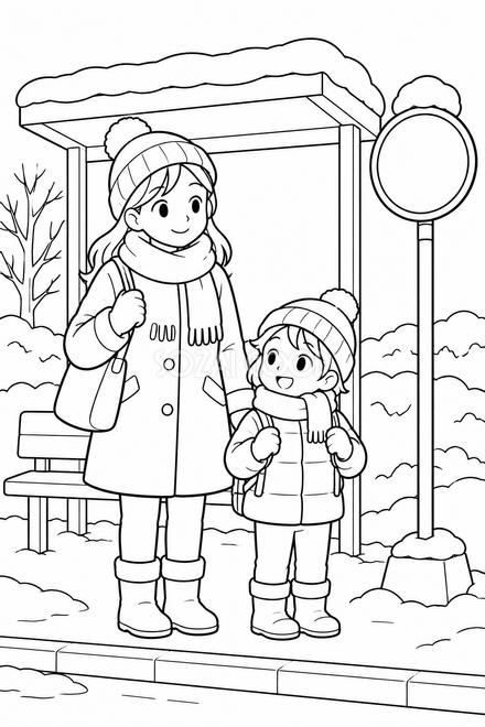 冬のバス停の塗り絵 冬のバス停の塗り絵