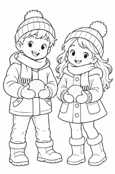 雪合戦の支度の塗り絵｜冬の無料イラスト素材 113035