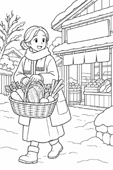 冬の買い物の塗り絵｜冬の無料イラスト素材 113036