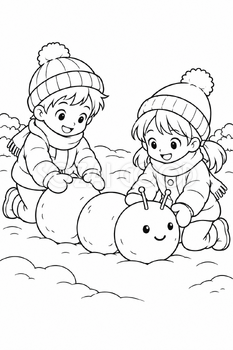 冬の庭遊びの塗り絵｜冬の無料イラスト素材 113040