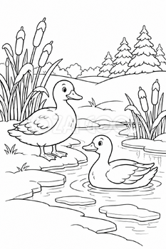 池の水鳥の塗り絵｜冬の無料イラスト素材 113042