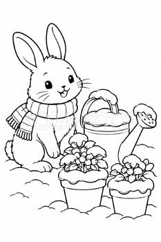 冬の庭のうさぎの塗り絵｜冬の無料イラスト素材 113046