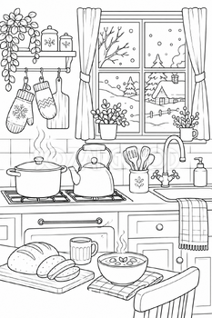 冬の台所の塗り絵｜冬の無料イラスト素材 113050