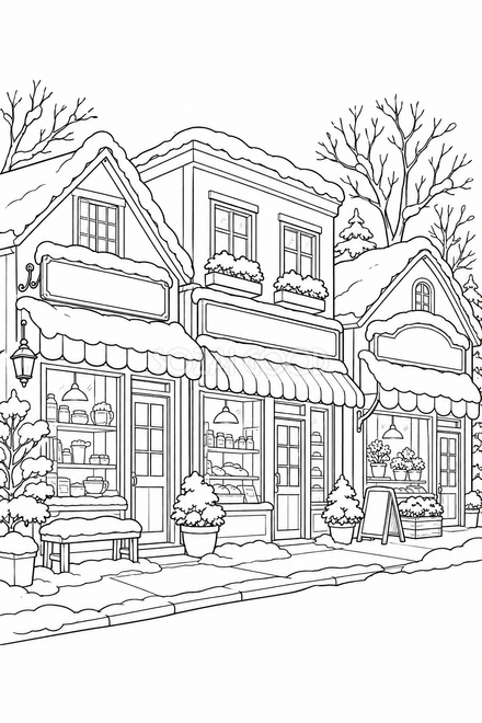 雪の商店街の塗り絵