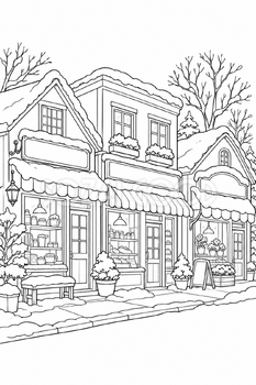 雪の商店街の塗り絵｜冬の無料イラスト素材 113051