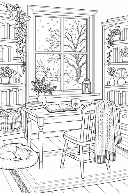 冬の図書室の塗り絵