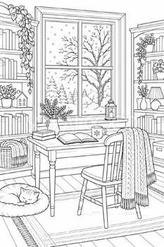 冬の図書室の塗り絵｜冬の無料イラスト素材 113052