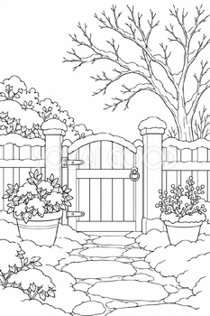雪の庭の塗り絵｜冬の無料イラスト素材 113053