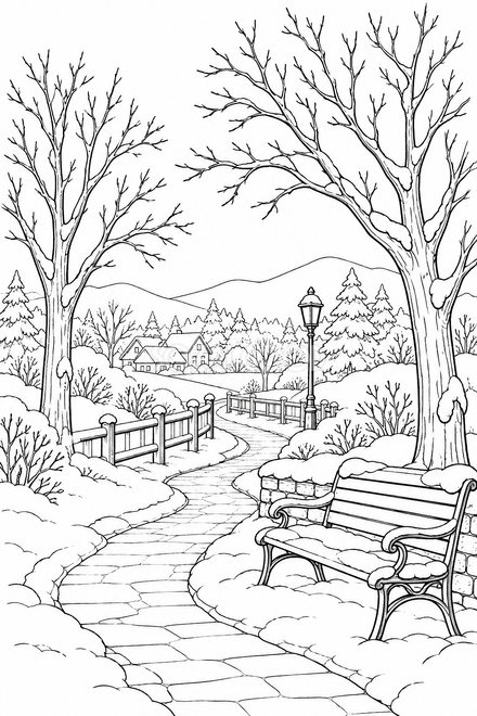 冬の公園の道の塗り絵 冬の公園の道の塗り絵