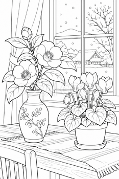 冬の窓辺の花の塗り絵｜冬の無料イラスト素材 113056
