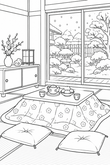 冬の和室の塗り絵