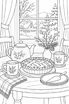 冬のおやつの食卓の塗り絵｜冬の無料イラスト素材 113058