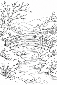 雪の橋の塗り絵｜冬の無料イラスト素材 113059