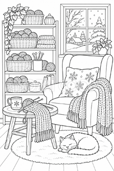 冬の手芸部屋の塗り絵｜冬の無料イラスト素材 113061
