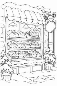 冬のパン屋の塗り絵｜冬の無料イラスト素材 113062