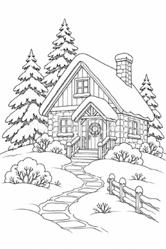 雪の丘の家の塗り絵｜冬の無料イラスト素材 113063