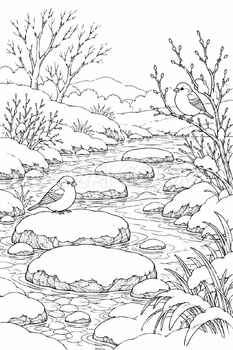 冬の川辺の塗り絵｜冬の無料イラスト素材 113064