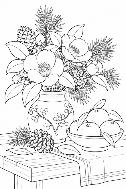 冬の花と木の実の塗り絵