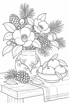 冬の花と木の実の塗り絵｜冬の無料イラスト素材 113065