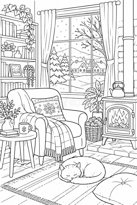 冬のぬくもりの部屋の塗り絵