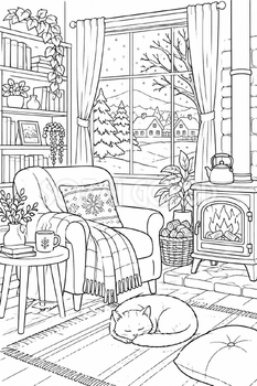 冬のぬくもりの部屋の塗り絵｜冬の無料イラスト素材 113067