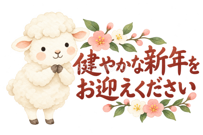 「健やかな新年をお迎えください」の文字と羊 「健やかな新年をお迎えください」の文字と羊