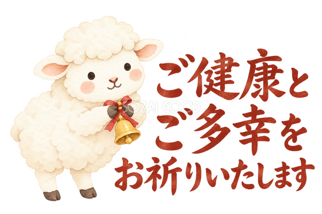 「ご健康とご多幸をお祈りいたします」の文字と羊 「ご健康とご多幸をお祈りいたします」の文字と羊
