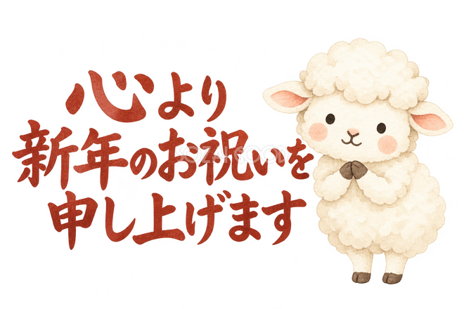 「心より新年のお祝いを申し上げます」の文字と羊