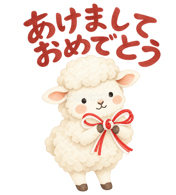 「あけましておめでとう」の文字と紅白結びを持つ羊 「あけましておめでとう」の文字と紅白結びを持つ羊