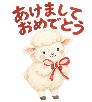 「あけましておめでとう」の文字と紅白結びを持つ羊｜無料イラスト素材 113090