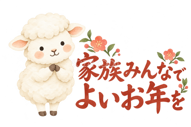 「家族みんなでよいお年を」の文字と羊