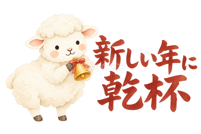 「新しい年に乾杯」の文字と羊 「新しい年に乾杯」の文字と羊