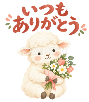 「いつもありがとう」の文字と羊｜無料イラスト素材 113134