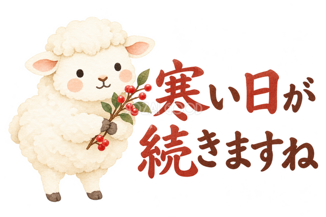 「寒い日が続きますね」の文字と羊 「寒い日が続きますね」の文字と羊