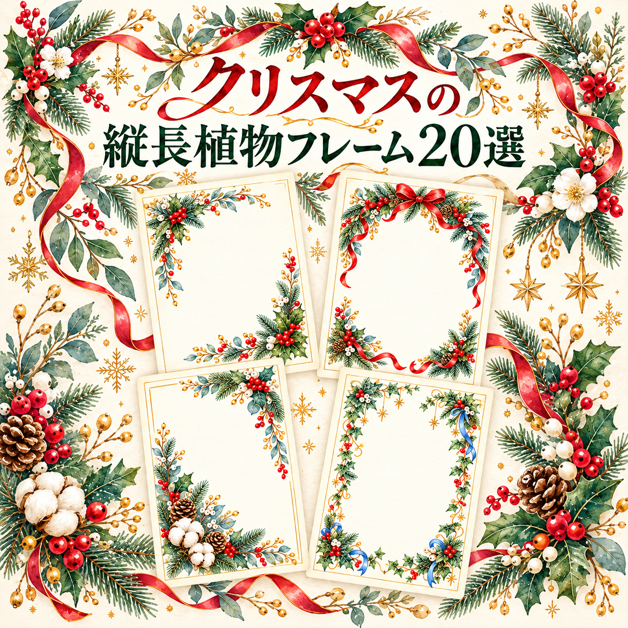 クリスマスの縦長植物フレーム20選｜おしゃれな無料イラスト素材 113192に写真・文字を入れる