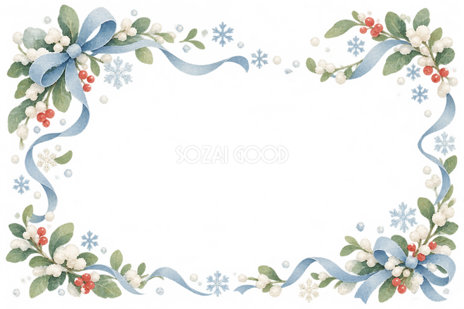 雪の結晶と細い青リボンの横長フレーム 雪の結晶と細い青リボンの横長フレーム
