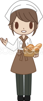 女性のパン屋さん店員がパンを運びながら『いらっしゃいませ』 無料イラスト