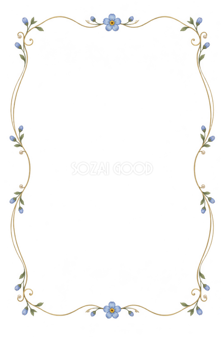 上下に小さなワスレナグサ1輪ずつ・小花と丸い線の縦長フレーム 上下に小さなワスレナグサ1輪ずつ・小花と丸い線の縦長フレーム